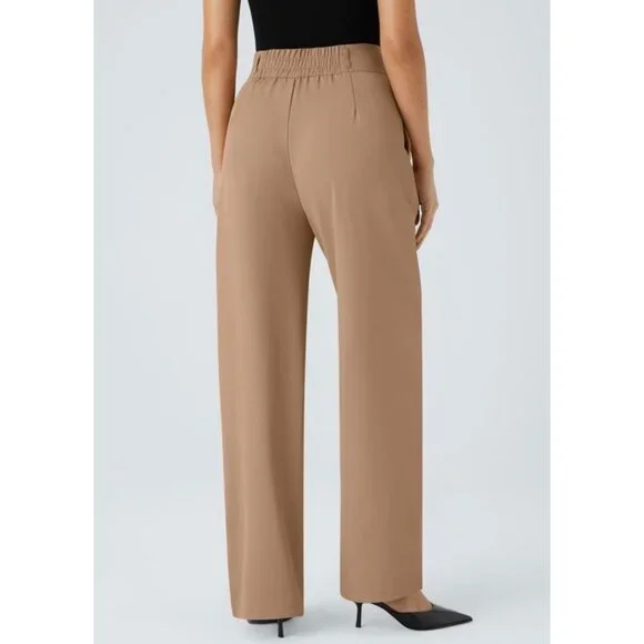 Halara High Waisted Shirred Straight Leg Work Pants Sz Medium Womens Beige Pocke - Picture 9 of 11